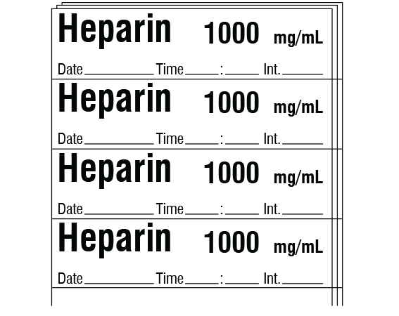 SA-3260-DTI-PK White 1/2" x 2" Anesthesia Drug Labels for Syringe Identification - Pack Form - With Imprint: Heparin 1000 mg/mL / Date _____ Time _____:_____ Int. _____