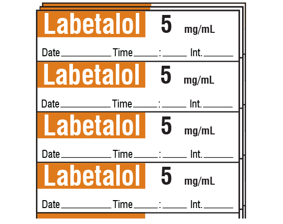 SA-335-DTI-PK White W/ Copper Bar At Top 1/2" x 2" Anesthesia Drug Labels for Syringe Identification - Pack Form - With Imprint: Labetalol 5 mg/mL / Date _____ Time _____:_____ Int. _____