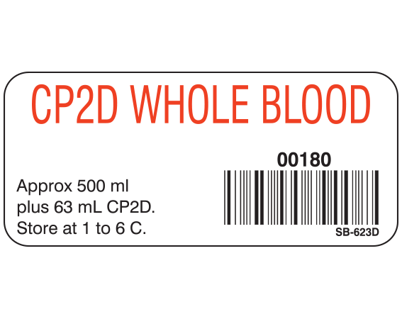 White 1" x 2-1/4" Blood Product Labels with Codabar Symbology  - With Imprint: CP2D WHOLE BLOOD / 00180 / Approx 500 mL / plus 63 mL CP2D. / Store at 1 to 6 C.