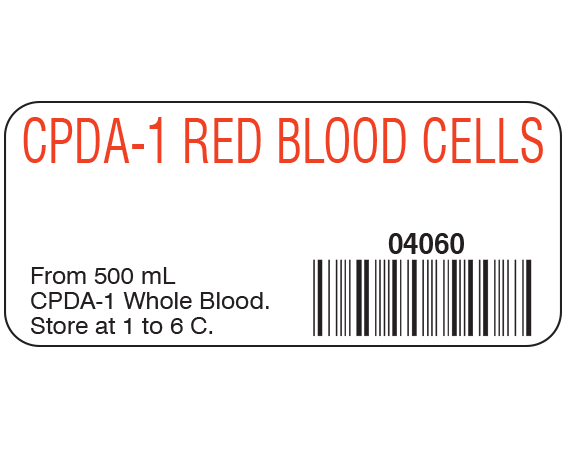 White 1" x 2-1/4" Blood Product Labels with Codabar Symbology  - With Imprint: CPDA-1 RED BLOOD CELLS / 04060 / From 500 mL / CPDA-1 Whole Blood. / Store at 1 to 6 C.