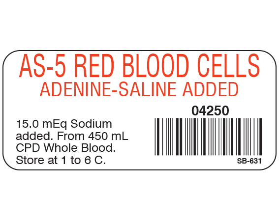 SB-631 White 1" x 2-1/4" Blood Product Labels with Codabar Symbology - With Imprint: AS-5 RED BLOOD CELLS / ADENINE-SALINE ADDED / 04250 / 15.0 mEq Sodium / added. From 450 mL / CPD Whole Blood. / Store at 1 to 6 C.