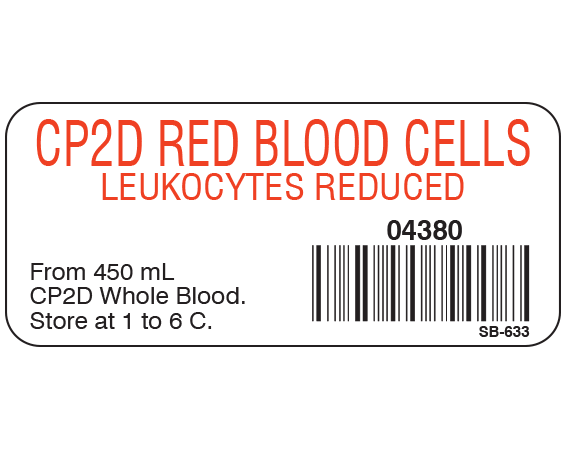 White 1" x 2-1/4" Blood Product Labels with Codabar Symbology  - With Imprint: CP2D RED BLOOD CELLS / LEUKOCYTES REDUCED / 04380 / From 450 mL / CP2D Whole Blood. / Store at 1 to 6 C.