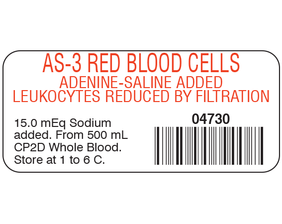 SB-636 White 1" x 2-1/4" Blood Product Labels with Codabar Symbology - With Imprint: AS-3 RED BLOOD CELLS / ADENINE-SALINE ADDED / LEUKOCYTES REDUCED BY FILTRATION / 04730 / 15.0 mEq Sodium / added. From 500 mL / CP2D Whole Blood. / Store at 1 to 6 C.