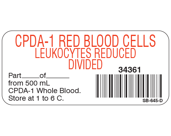 SB-645-D White 1" x 2-1/4" Blood Product Labels with Codabar Symbology - With Imprint: CPDA-1 RED BLOOD CELLS / LEUKOCYTES REDUCED / DIVIDED / 34361 / Part _____ of _____ / from 500 mL / CPDA-1 Whole Blood. / Store at 1 to 6 C.