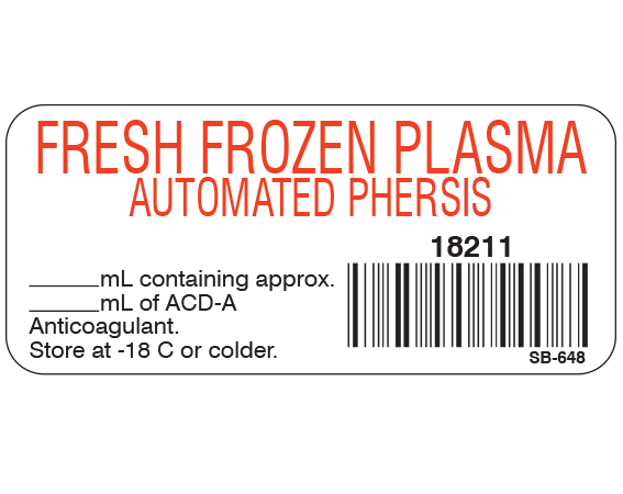 SB-648 White 1" x 2-1/4" Blood Product Labels with Codabar Symbology - With Imprint: FRESH FROZEN PLASMA / AUTOMATED PHERESIS / 18211 / _____ mL containing approx / _____ mL of ACD-A / Anticoagulant. / Store at -18 C or colder.