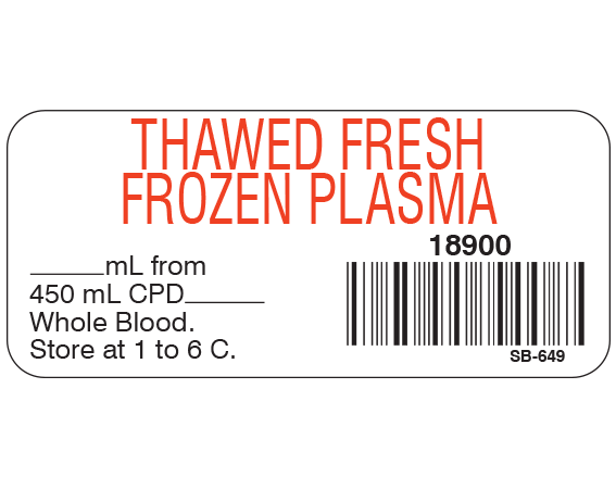 White 1" x 2-1/4" Blood Product Labels with Codabar Symbology  - With Imprint: THAWED FRESH / FROZEN PLASMA / 18900 / _____ mL from / 450 mL CPD _____ / Whole Blood. / Store at 1 to 6 C.