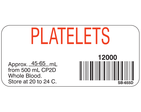 White 1" x 2-1/4" Blood Product Labels with Codabar Symbology  - With Imprint: PLATELETS / 12000 / Approx 45-65 mL / from 500 mL CP2D / Whole Blood. / Store at 20 to 24 C.