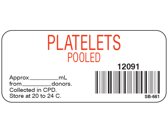 White 1" x 2-1/4" Blood Product Labels with Codabar Symbology  - With Imprint: PLATELETS / POOLED / 12091 / Approx _____ mL / from _____ donors. / Collected in CPD. / Store at 20 to 24 C.