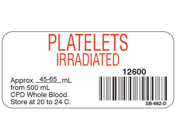 White 1" x 2-1/4" Blood Product Labels with Codabar Symbology  - With Imprint: PLATELETS / IRRADIATED / 12600 / Approx. 45-65 mL / from 500 mL / CPD Whole Blood. / Store at 20 to 24 C.