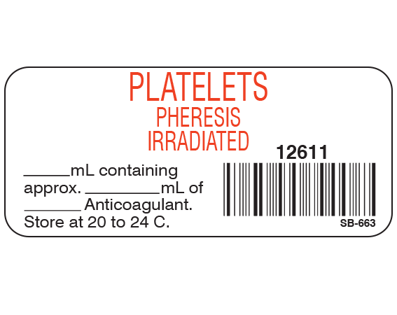 SB-663 White 1" x 2-1/4" Blood Product Labels with Codabar Symbology - With Imprint: PLATELETS / PHERESIS / IRRADIATED / 12611 / _____ mL containing / approx _____ mL of / _____ Anticoagulant. / Store at 20 to 24 C.