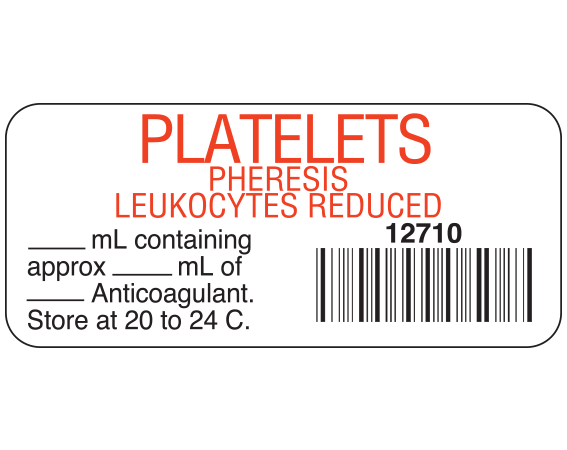 SB-665 White 1" x 2-1/4" Blood Product Labels with Codabar Symbology - With Imprint: PLATELETS / PHERESIS / LEUKOCYTES REDUCED / 12710 / _____ mL containing / approx _____ mL of / _____ Anticoagulant. / Store at 20 to 24 C.