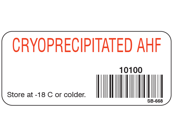 White 1" x 2-1/4" Blood Product Labels with Codabar Symbology  - With Imprint: CRYOPRECIPITATED AHF / 10100 / Store at -18 C or colder.