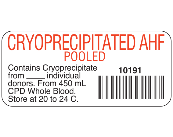SB-673 White 1" x 2-1/4" Blood Product Labels with Codabar Symbology - With Imprint: CRYOPRECIPITATED AHF / POOLED / 10191 / Contains Cryoprecipitate / from _____ individual / donors. From 450 mL / CPD Whole Blood. / Store at 20 to 24 C.