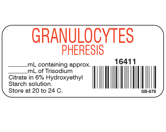 SB-676 White 1" x 2-1/4" Blood Product Labels with Codabar Symbology - With Imprint: GRANULOCYTES / PHERESIS / 16411 / _____mL containing approx / _____mL of Trisodium / Citrate in 6% Hydroxyethyl / Starch solution. / Store at 20 to 24 C.