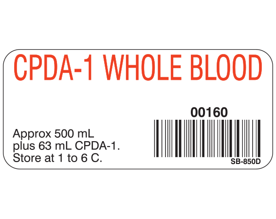 White 1" x 2-1/4" Blood Product Labels with Codabar Symbology  - With Imprint: CPDA-1 WHOLE BLOOD / 00160 / Approx 500 mL / plus 63 mL CPDA-1. / Store at 1 to 6 C.