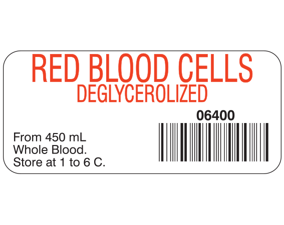 White 1" x 2-1/4" Blood Product Labels with Codabar Symbology  - With Imprint: RED BLOOD CELLS / DEGLYCEROLIZED / 06400 / From 450 mL / Whole Blood. / Store at 1 to 6 C.