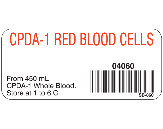 White 1" x 2-1/4" Blood Product Labels with Codabar Symbology  - With Imprint: CPDA-1 RED BLOOD CELLS / 04060 / From 450 mL / CPDA-1 Whole Blood. / Store at 1 to 6 C.