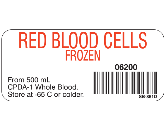 White 1" x 2-1/4" Blood Product Labels with Codabar Symbology  - With Imprint: RED BLOOD CELLS / FROZEN / 06200 / From 500 mL / CPDA-1 Whole Blood. / Store at -65 C or colder.