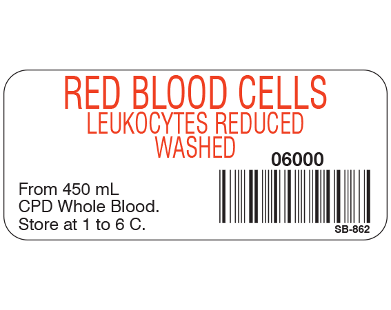 White 1" x 2-1/4" Blood Product Labels with Codabar Symbology  - With Imprint: RED BLOOD CELLS / LEUKOCYTES REDUCED / WASHED / 06000 / From 450 mL / CPD Whole Blood. / Store at 1 to 6 C.