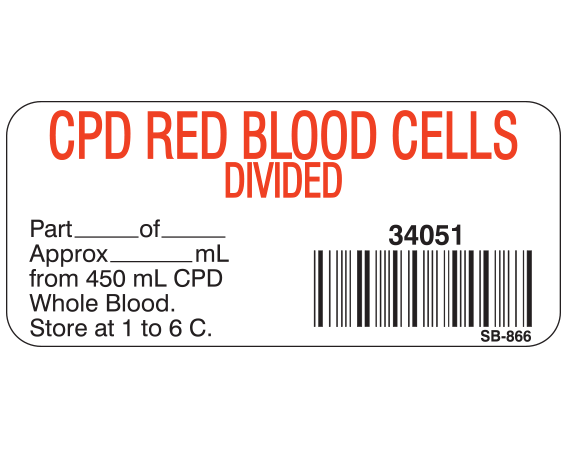 SB-866 White 1" x 2-1/4" Blood Product Labels with Codabar Symbology - With Imprint: CPD RED BLOOD CELLS / DIVIDED / 34051 / Part _____ of _____ / Approx _____ mL / from 450 mL CPD / Whole Blood. / Store at 1 to 6 C.
