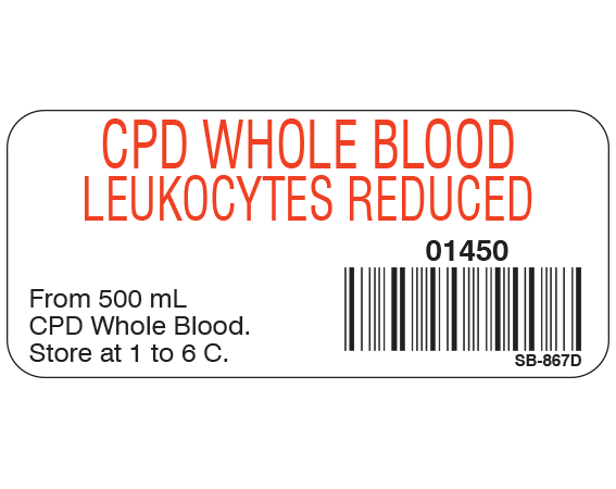 White 1" x 2-1/4" Blood Product Labels with Codabar Symbology  - With Imprint: CPD WHOLE BLOOD / LEUKOCYTES REDUCED / 01450 / From 500 mL / CPD Whole Blood. / Store at 1 to 6 C.
