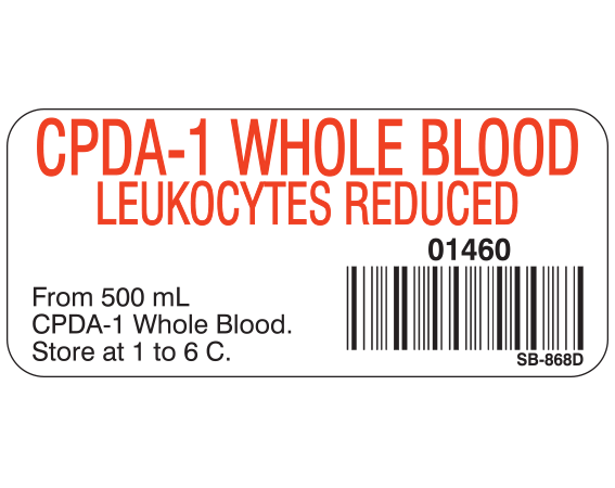 White 1" x 2-1/4" Blood Product Labels with Codabar Symbology  - With Imprint: CPDA-1 WHOLE BLOOD / LEUKOCYTES REDUCED / 01460 / From 500 mL / CPDA-1 Whole Blood. / Store at 1 to 6 C.