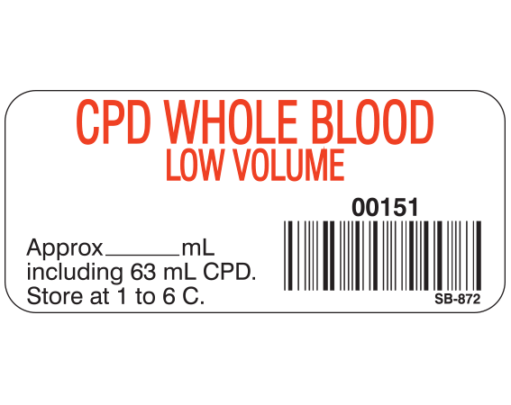 White 1" x 2-1/4" Blood Product Labels with Codabar Symbology  - With Imprint: CPD WHOLE BLOOD / LOW VOLUME / 00151 / Approx _____ mL / including 63 mL CPD. / Store at 1 to 6 C.