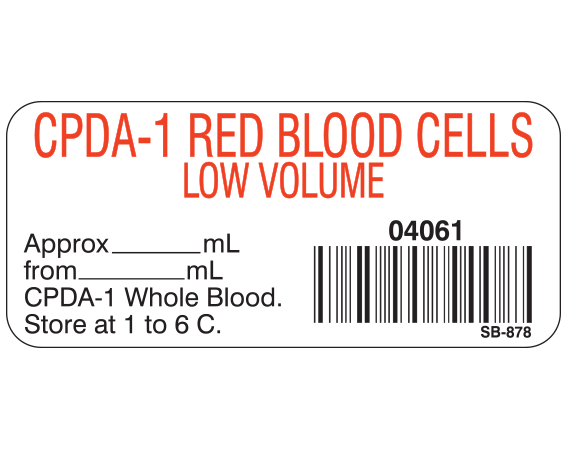 White 1" x 2-1/4" Blood Product Labels with Codabar Symbology  - With Imprint: CPDA-1 RED BLOOD CELLS / LOW VOLUME / 04061 / Approx _____ mL / from _____ mL / CPDA-1 Whole Blood. / Store at 1 to 6 C.
