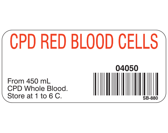 White 1" x 2-1/4" Blood Product Labels with Codabar Symbology  - With Imprint: CPD RED BLOOD CELLS / 04050 / From 450 mL / CPD Whole Blood. / Store at 1 to 6 C.