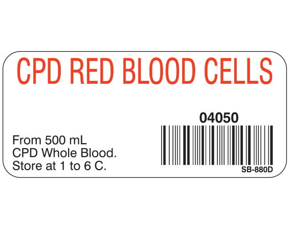 White 1" x 2-1/4" Blood Product Labels with Codabar Symbology  - With Imprint: CPD RED BLOOD CELLS / 04050 / From 500 mL / CPD Whole Blood. / Store at 1 to 6 C.