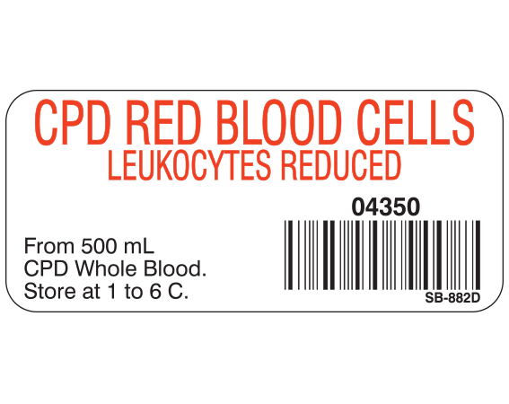 White 1" x 2-1/4" Blood Product Labels with Codabar Symbology  - With Imprint: CPD RED BLOOD CELLS / LEUKOCYTES REDUCED / 04350 / From 500 mL / CPD Whole Blood. / Store at 1 to 6 C.
