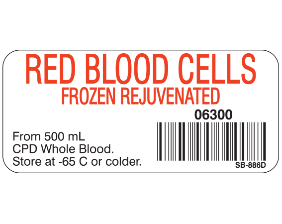 White 1" x 2-1/4" Blood Product Labels with Codabar Symbology  - With Imprint: RED BLOOD CELLS / FROZEN REJUVENATED / 06300 / From 500 mL / CPD Whole Blood. / Store at -65 C or colder.