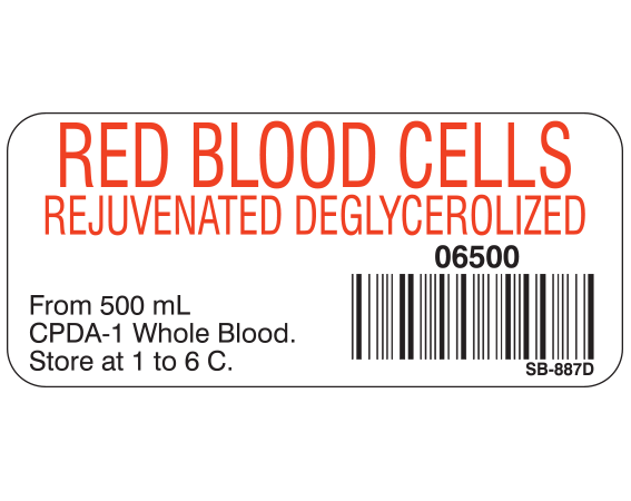 White 1" x 2-1/4" Blood Product Labels with Codabar Symbology  - With Imprint: RED BLOOD CELLS / REJUVENATED DEGLYCEROLIZED / 06500 / From 500 mL / CPDA-1 Whole Blood. / Store at 1 to 6 C.