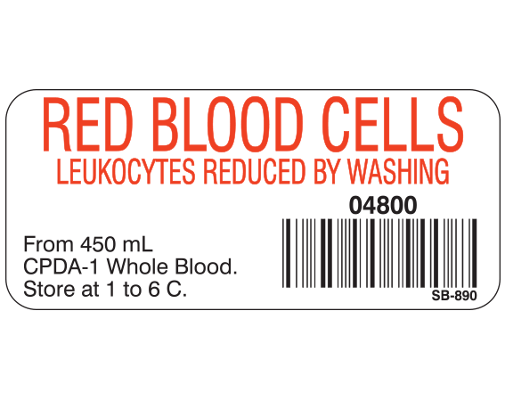 White 1" x 2-1/4" Blood Product Labels with Codabar Symbology  - With Imprint: RED BLOOD CELLS / LEUKOCYTES REDUCED BY WASHING / 04800 / From 450 mL / CPDA-1 Whole Blood. / Store at 1 to 6 C.