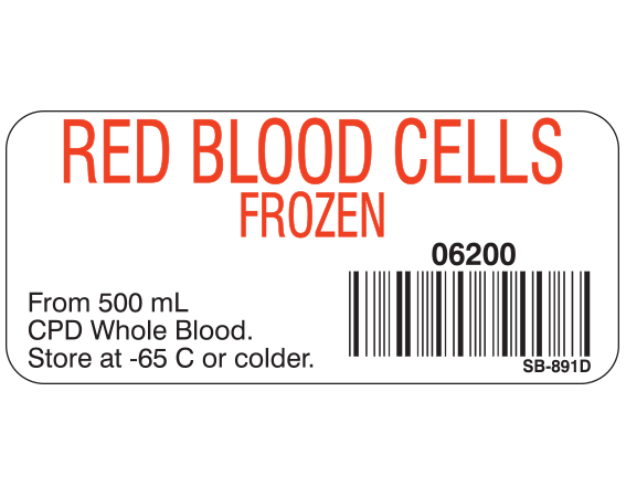 White 1" x 2-1/4" Blood Product Labels with Codabar Symbology  - With Imprint: RED BLOOD CELLS / FROZEN / 06200 / From 500 mL / CPD Whole Blood. / Store at -65 C or colder.
