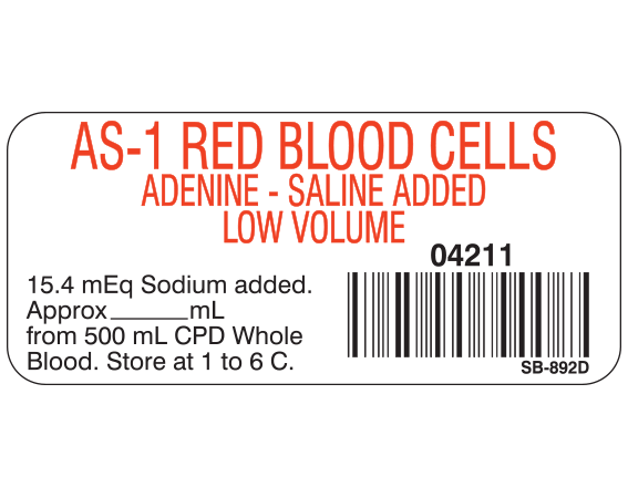 SB-892D White 1" x 2-1/4" Blood Product Labels with Codabar Symbology - With Imprint: AS-1 RED BLOOD CELLS / ADENINE - SALINE ADDED / LOW VOLUME / 04211 / 15.4 mEq Sodium added. / Approx _____ mL / from 500 mL CPD Whole / Blood. Store at 1 to 6 C.