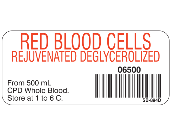 White 1" x 2-1/4" Blood Product Labels with Codabar Symbology  - With Imprint: RED BLOOD CELLS / REJUVENATED DEGLYCEROLIZED / 06500 / From 500 mL / CPD Whole Blood. / Store at 1 to 6 C.