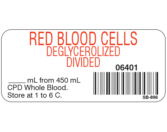SB-896 White 1" x 2-1/4" Blood Product Labels with Codabar Symbology - With Imprint: RED BLOOD CELLS / DEGLYCEROLIZED / DIVIDED / 36401 / Part _____ of _____ / _____ mL from 450 mL / Whole Blood. / Store at 1 to 6 C.