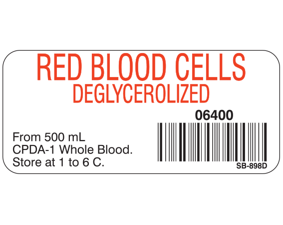 White 1" x 2-1/4" Blood Product Labels with Codabar Symbology  - With Imprint: RED BLOOD CELLS / DEGLYCEROLIZED / 06400 / From 500 mL / CPDA-1 Whole Blood. / Store at 1 to 6 C.