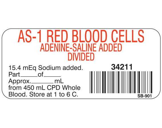 SB-9011 White 1" x 2-1/4" Blood Product Labels with Codabar Symbology - With Imprint: AS-1 RED BLOOD CELLS / ADENINE-SALINE ADDED / DIVIDED / 34211 / 15.4 mEq Sodium added. / Part _____ of _____ / Approx _____ mL / from 450 mL CPD Whole / Blood. Store at 1 to 6 C.