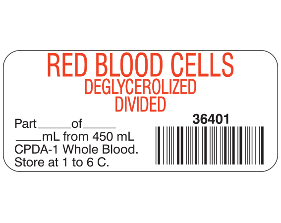 SB-902 White 1" x 2-1/4" Blood Product Labels with Codabar Symbology - With Imprint: RED BLOOD CELLS / DEGLYCEROLIZED / DIVIDED / 36401 / Part _____ of _____ / _____ mL from 450 mL / Whole Blood. / Store at 1 to 6 C.
