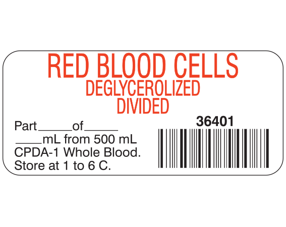 SB-902D White 1" x 2-1/4" Blood Product Labels with Codabar Symbology - With Imprint: RED BLOOD CELLS / DEGLYCEROLIZED / DIVIDED / 36401 / Part _____ of _____ / _____ mL from 500 mL / Whole Blood. / Store at 1 to 6 C.