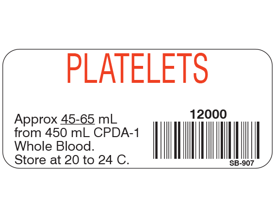 White 1" x 2-1/4" Blood Product Labels with Codabar Symbology  - With Imprint: PLATELETS / 12000 / Approx 45-65 mL / from 450 mL CPDA-1 / Whole Blood. / Store at 20 to 24 C.