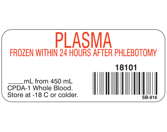 SB-9161 White 1" x 2-1/4" Blood Product Labels with Codabar Symbology - With Imprint: PLASMA / FROZEN WITHIN 24 HOURS AFTER PHLEBOTOMY / 18101 / _____ mL from 450 mL / CPDA-1 Whole Blood. / Store at -18 C or colder.