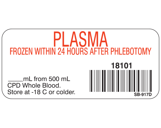 SB-917D White 1" x 2-1/4" Blood Product Labels with Codabar Symbology - With Imprint: PLASMA / FROZEN WITHIN 24 HOURS AFTER PHLEBOTOMY / 18101 / _____ mL from 500 mL / CPD Whole Blood. / Store at -18 C or colder.