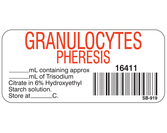 SB-919 White 1" x 2-1/4" Blood Product Labels with Codabar Symbology - With Imprint: GRANULOCYTES / PHERESIS / 16411 / _____mL containing approx / _____mL of Trisodium / Citrate in 6% Hydroxyethyl / Starch solution. / Store at _____ C.