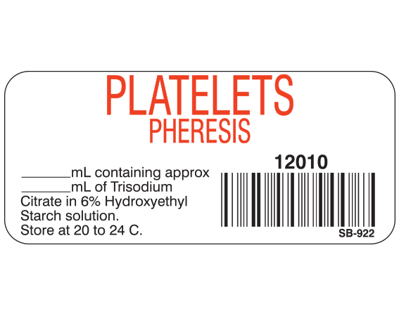SB-922 White 1" x 2-1/4" Blood Product Labels with Codabar Symbology - With Imprint: PLATELETS / PHERESIS / 12010 / _____ mL containing approx / _____ mL of Trisodium / Citrate in 6% Hydroxyethyl / Starch solution. / Store at 20 to 24 C.