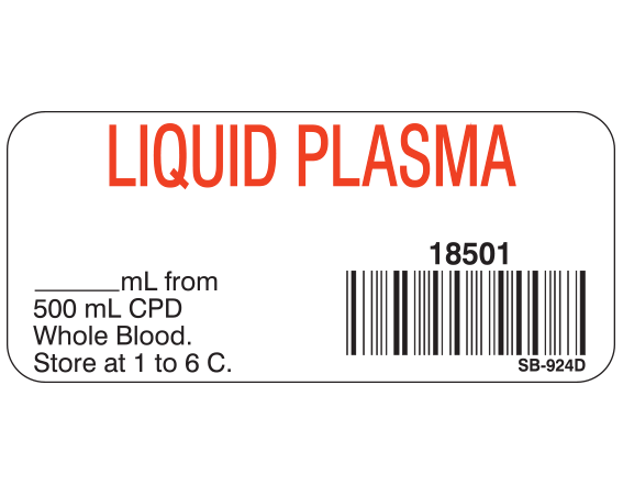 White 1" x 2-1/4" Blood Product Labels with Codabar Symbology  - With Imprint: LIQUID PLASMA / 18501 / _____ mL from / 500 mL CPD / Whole Blood. / Store at 1 to 6 C.