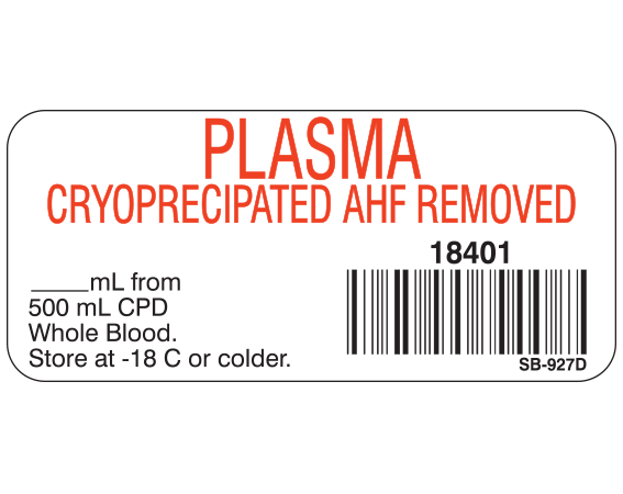 White 1" x 2-1/4" Blood Product Labels with Codabar Symbology  - With Imprint: PLASMA / CRYOPRECIPITATED AHF REMOVED / 18401 / _____ mL from / 500 mL CPD / Whole Blood. / Store at -18 C or colder.