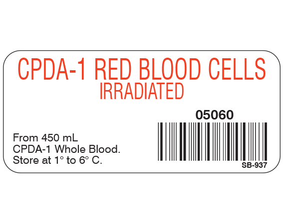 White 1" x 2-1/4" Blood Product Labels with Codabar Symbology  - With Imprint: CPDA-1 RED BLOOD CELLS / IRRADIATED / 05060 / From 450 mL / CPDA-1 Whole Blood. / Store at 1 to 6 C.